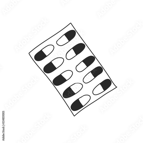 Illustration doodle style doodle. medicines, pills, drug. disease treatment, health and medicine, vitamins and antibiotics. simple hand drawing
