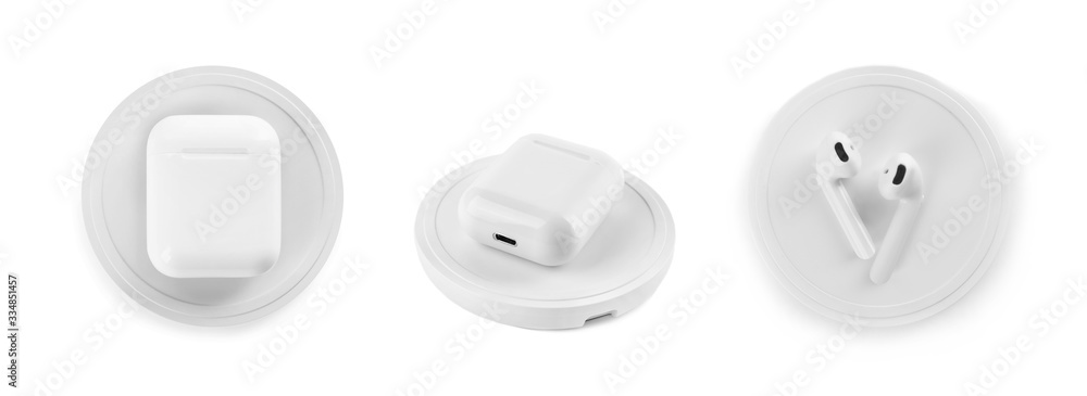 Collage with wireless chargers and earphones on white background Collage with wireless chargers and earphones on white background