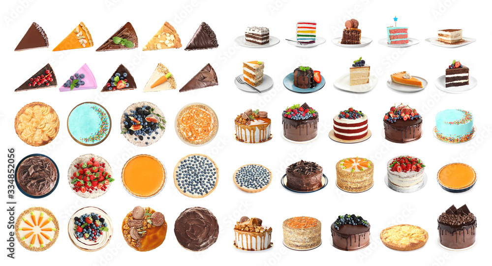 Set of different delicious cakes isolated on white. Banner design Set of different delicious cakes isolated on white. Banner design