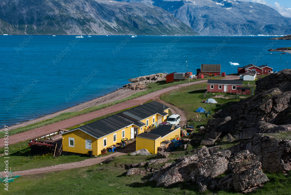 Obraz premium View of Narsarsuaq and fjord from above hill. Greenland