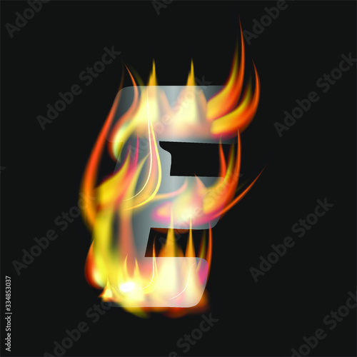 letter E fire or shades of horror, burning letters, Latin fonts from fire, collection of fonts, fire for creative business logos and GAME