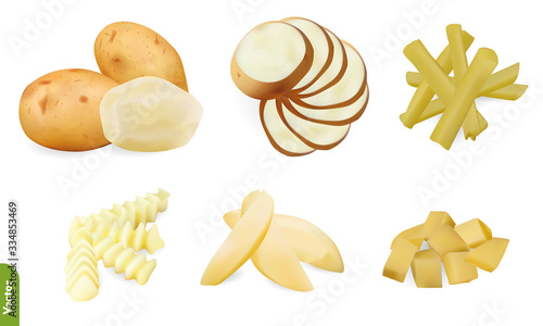 Set of raw potato, whole, peeled and sliced on transparent background. 3d realistic vector food illustration of root vegetables.