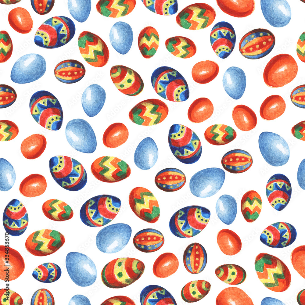 Watercolor seamless pattern with colored Easter eggs