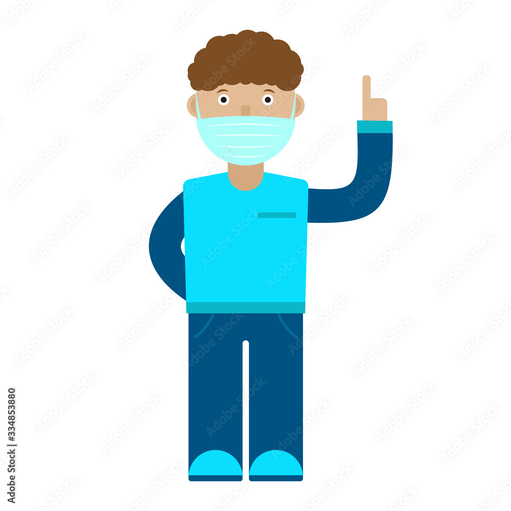 Young man in a medical mask. The guy points a finger to the top. Front view. Vector graphic illustration. Isolated object on a white background. Isolate. Young man in a medical mask. The guy points a finger to the top. Front view. Vector graphic illustration. Isolated object on a white background. Isolate.