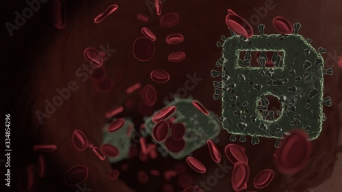 microscopic 3D rendering view of virus shaped as symbol of interface inside vein with red blood cells