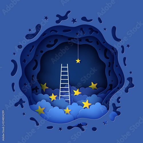 White ladder to pick the star above cloud in paper cut style. Papercut night landscape climbing on ladder to sky and trying to catch dream star. Follow your dreams vector motivational poster concept.