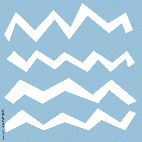Set of a white broken zigzag line. Square tile, modern design style. Line curve with sharp corners. Asymmetrical horizontal line. Paper cut line. Wide strokes isolated on blue. Irregular elements. © Hanna V