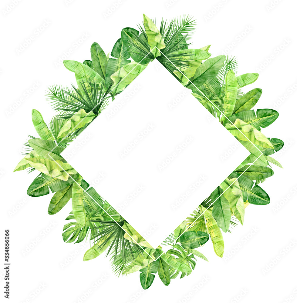 Green palm leaves and flowers frame. Tropical plant. Hand painted watercolor illustration isolated on white background. Realistic botanical art. For Wedding invitations and social media post Green palm leaves and flowers frame. Tropical plant. Hand painted watercolor illustration isolated on white background. Realistic botanical art. For Wedding invitations and social media post