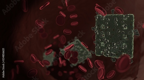 microscopic 3D rendering view of virus shaped as symbol of photo inside vein with red blood cells