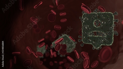 microscopic 3D rendering view of virus shaped as symbol of pin inside vein with red blood cells