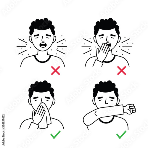 Poster how to Coughing right and wrong. Flu disease Prevention. Coronavirus Precaution Tips. Prevention against virus and infection. Vector illustration.