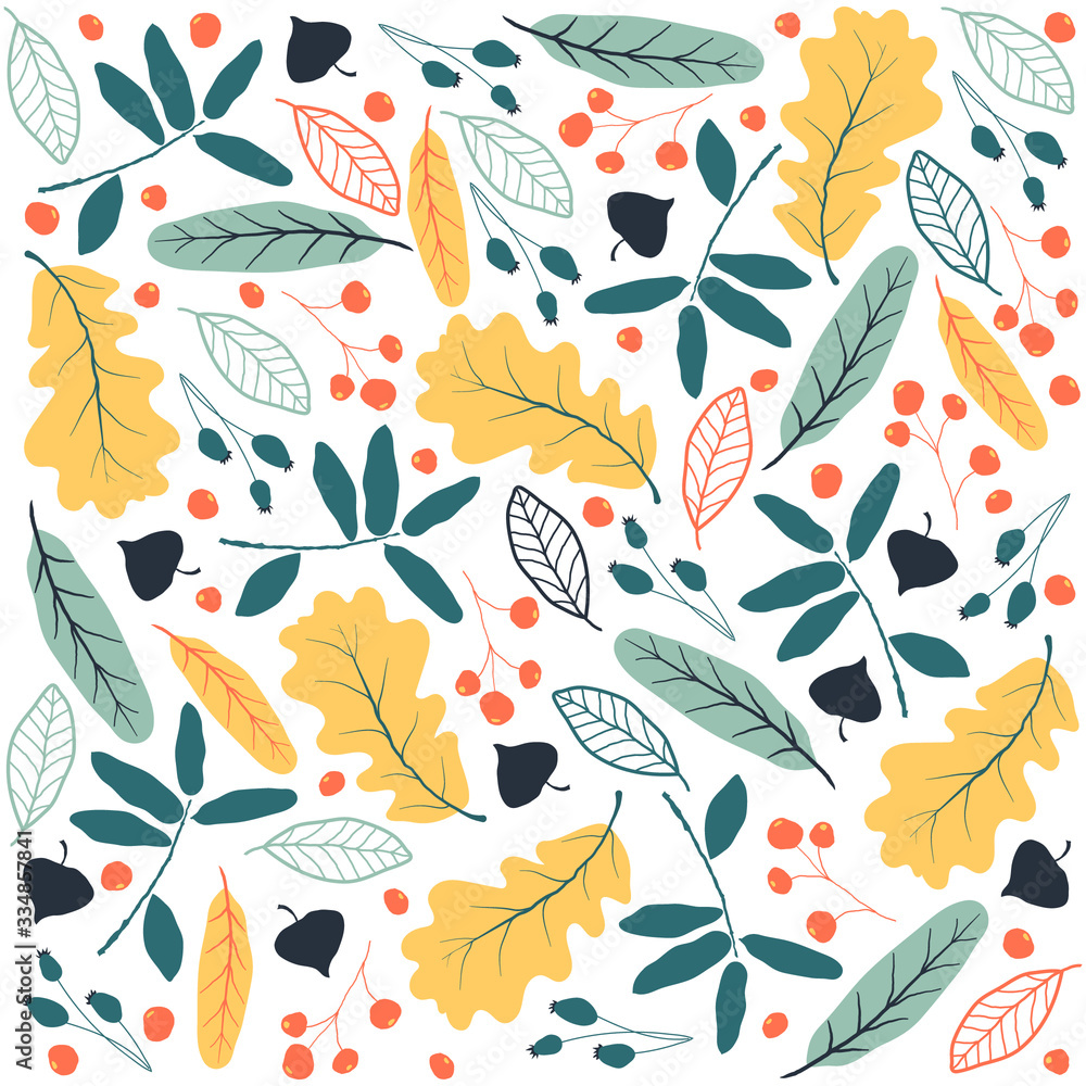 Leaves on white background. Design perfect for wallpaper, gift paper, autumn greeting cards, fabric, textile, web design. Hand-drawn. Flat design. Vector illustration. Leaves on white background. Design perfect for wallpaper, gift paper, autumn greeting cards, fabric, textile, web design. Hand-drawn. Flat design. Vector illustration.