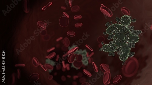 Wallpaper Mural microscopic 3D rendering view of virus shaped as symbol of running inside vein with red blood cells Torontodigital.ca
