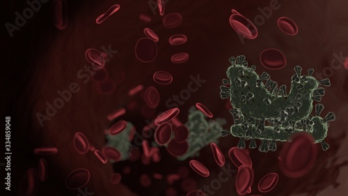 microscopic 3D rendering view of virus shaped as symbol of sleigh inside vein with red blood cells