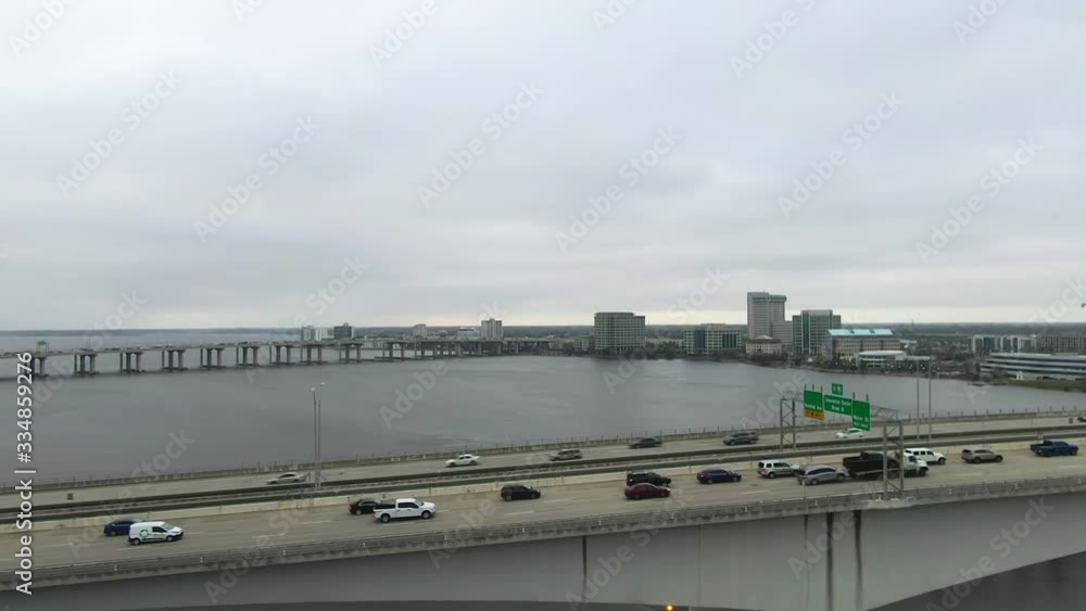 Aerial of rush hour traffic on Acosta Bridge in Jacksonville Florida Aerial of rush hour traffic on Acosta Bridge in Jacksonville Florida