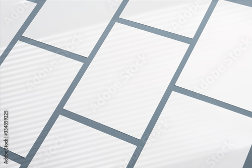Blank paper poster flyers letterhead on grey background with soft shadows and geometric light overlay as template for design presentation, promotion, portfolios etc.