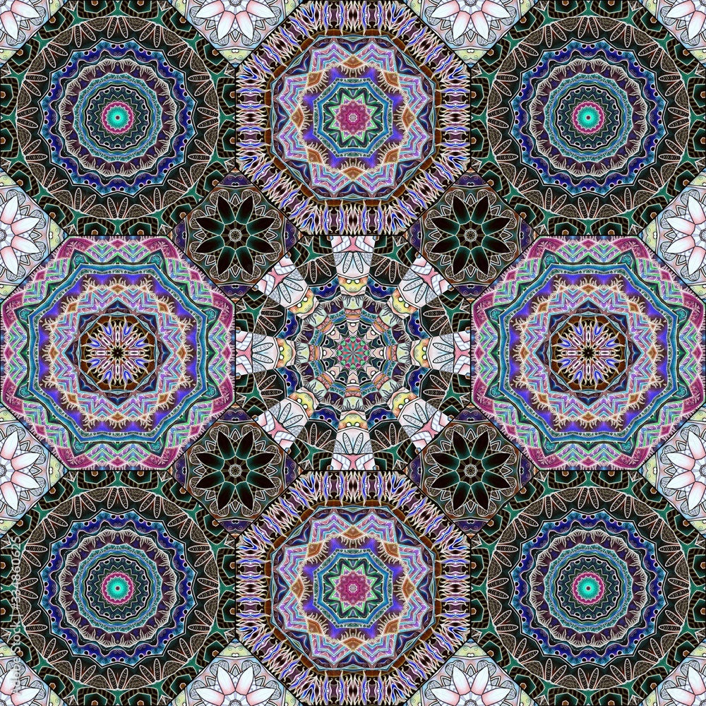 Patchwork seamless pattern in ethnic style. Ceramic tiles with oriental motifs. Luxury ornament mandalas.