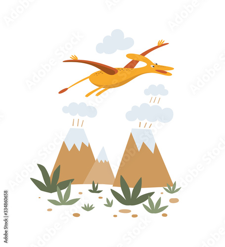 Funny pteranodon flies over volcanoes. Cute dinosaur isolated on a white background. Funny prehistoric animal of the Jurassic period. Colorful cartoon vector illustration in flat style.