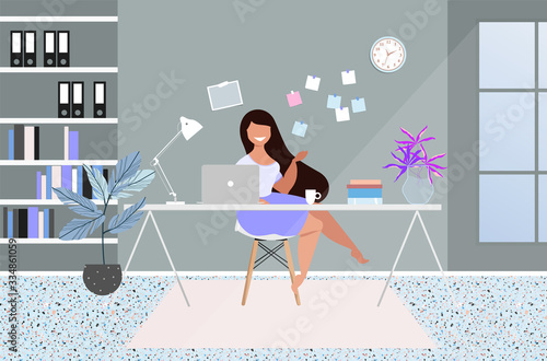 Woman sitting at the table. Working from home. Modern home office design. Trendy hand drawn vector interior. Isolation during quarantine. Self employed person. Designer, developer working from home.