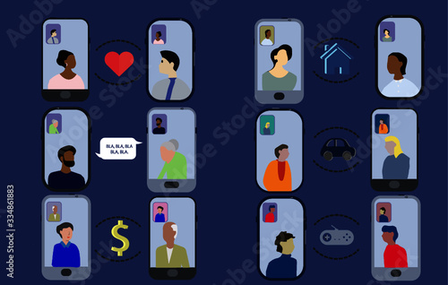 illustration, group of people using cell phone, keep distance, chat, text, talk on cell phone