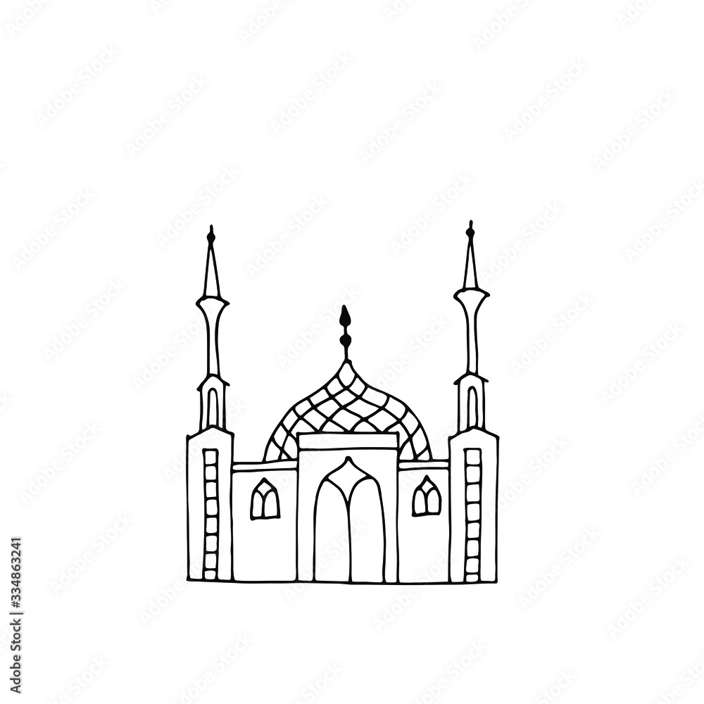 Mosque illustration. Islam religion. Outline stock vector sketch, isolated on white background