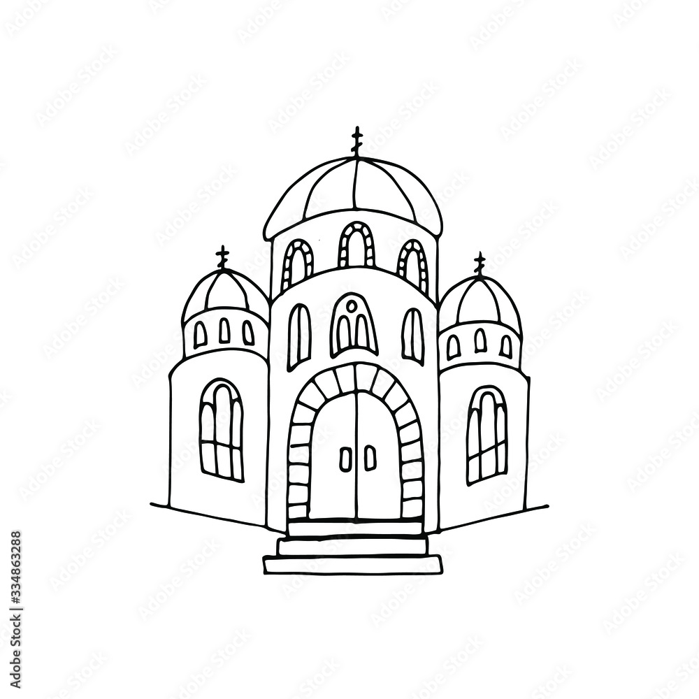 Orthodox church with domes. Outline stock vector sketch, isolated on white background