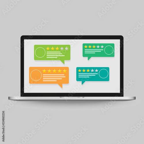 New vector illustration of laptop having customer review notifications with ratings, flat style design Computer display and client feedback or online review, concept of experience, rating, stars