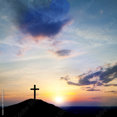 Jesus Christ carries His cross. Easter, beautiful nature. Sky