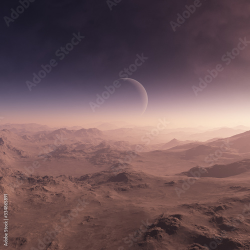 3d rendered Space Art: Alien Planet - A Fantasy Landscape with purple skies and clouds