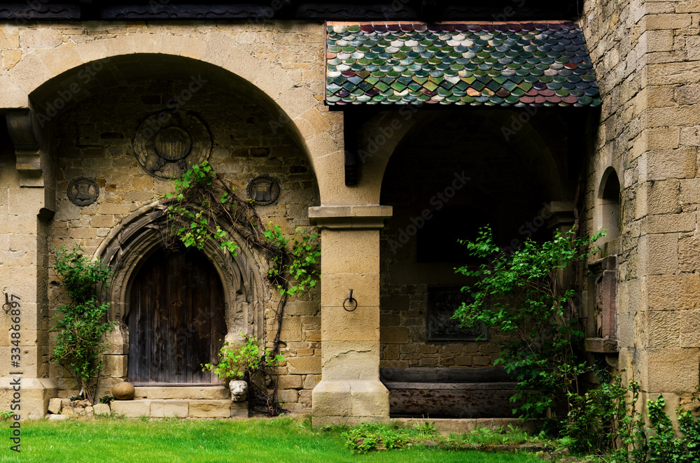 Ancient castle wooden door with grass, wall ang plants around