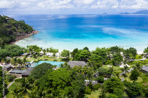 Aerial view of Petite anse beach in Mahe Island Seychelles