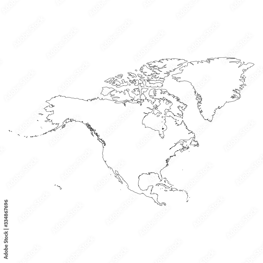 North America thin black outline map. Contour map of continent. Simple flat vector illustration