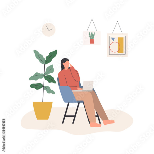 Woman working from home. Woman sitting in armchair with laptop and having a conversation on her phone. Freelancer character working from home at relaxed pace, cozy workplace. Flat vector illustration