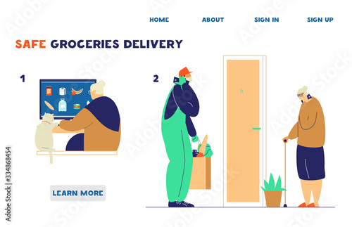 Safe delivery for elderly people in quarantine website template. Old lady orders groceries online than courier in mask and gloves brings food to door. Contactless delivery. Flat vector.