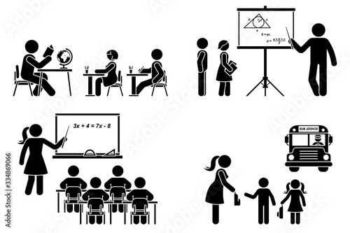 Stick figure teacher, school boy, girl, study, learning black silhouette vector icon pictogram. Lecturer at classroom teaching children primary, elementary preschool, education set on white