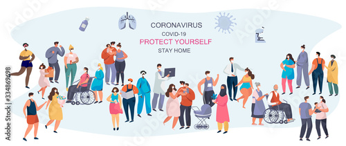 Multinational Society.Characters with Masks Keeping Distance for Decrease Infection Risk For Prevent Virus Covid-19. Stay Home on Quarantine During the Coronavirus Epidemic.Vector Illustration