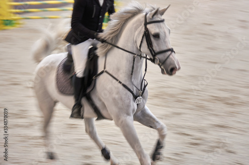 Horseman on a white horse just jumped over an obstacle, motion blur, focus on horse harness