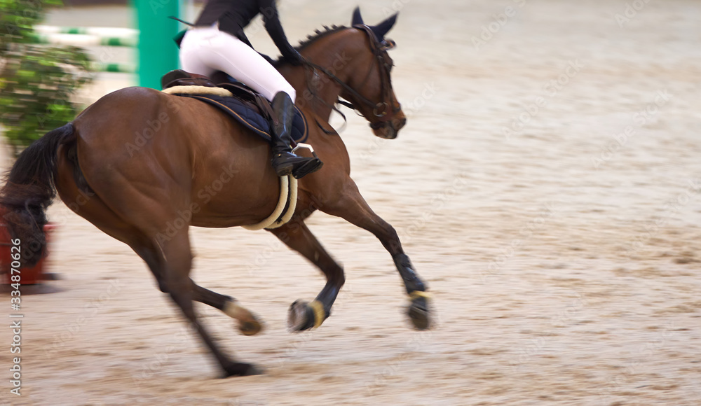 Obraz premium A rider on a beautiful brown horse rides around obstacles, motion blur, focus on the rider's boot