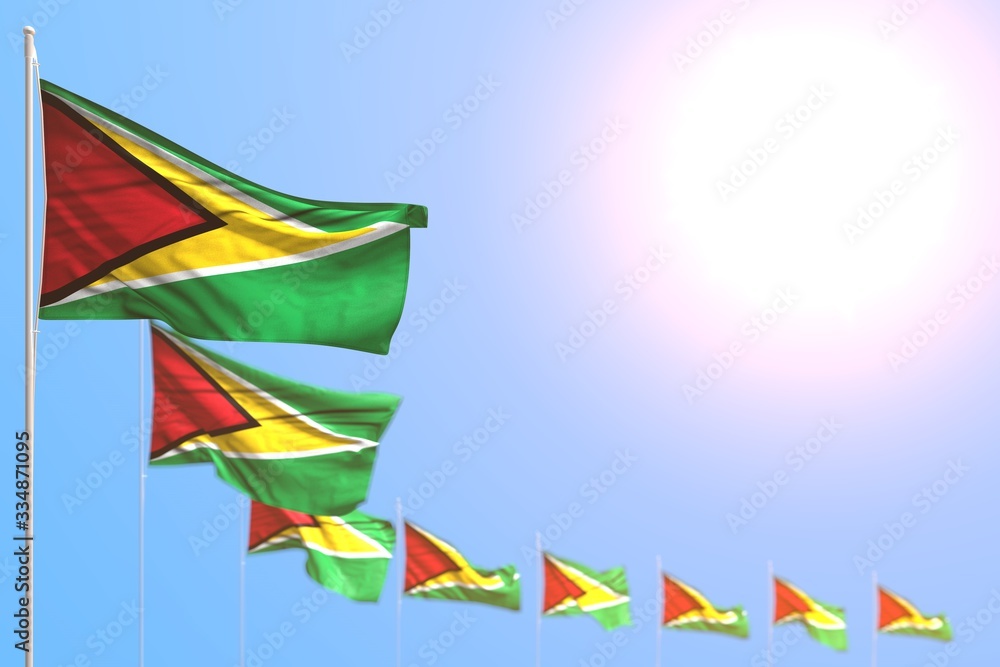 pretty holiday flag 3d illustration. - many Guyana flags placed diagonal with bokeh and empty place for text