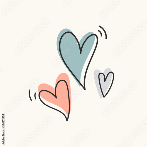 Heart shape element. Hearts in pastel colors. Vector icon in hand drawn doodle style for invitation, cards and other design.