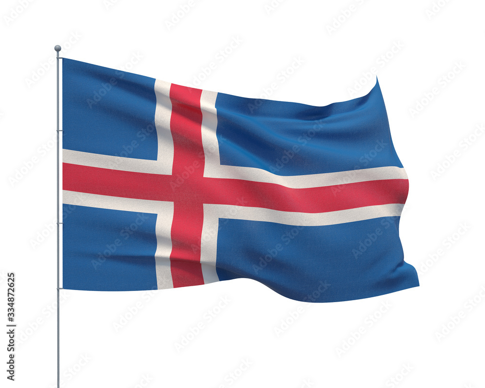 Fototapeta premium Waving flags of the world - flag of Iceland. Isolated on WHITE background 3D illustration.