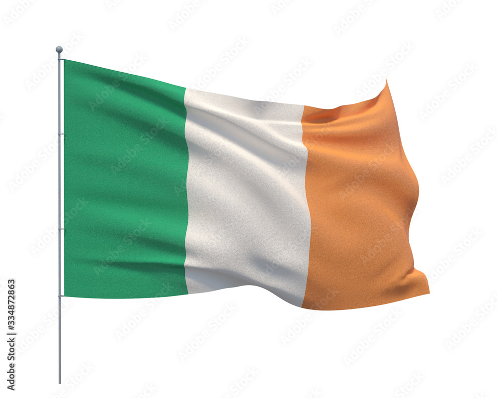 Waving flags of the world - flag of Ireland. Isolated on WHITE background 3D illustration. Waving flags of the world - flag of Ireland. Isolated on WHITE background 3D illustration.