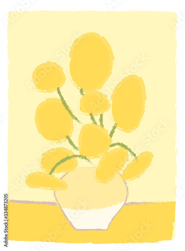 Sunflowers Van Gogh imitation like child s drawing in cartoon style. Impressionism painting art. Yellow flowers in vase. Bouquet Greeting card decoration. Simple vector stylized design isolated photo