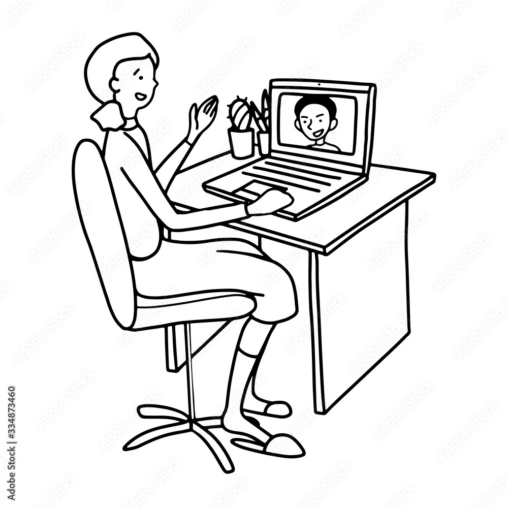Hand drawn vector illustration in doodle flat simple style. Girl sitting with laptop and talking via video call. Remote study or work, freelance concept. Black contour picture isolated on white fond. Hand drawn vector illustration in doodle flat simple style. Girl sitting with laptop and talking via video call. Remote study or work, freelance concept. Black contour picture isolated on white fond.