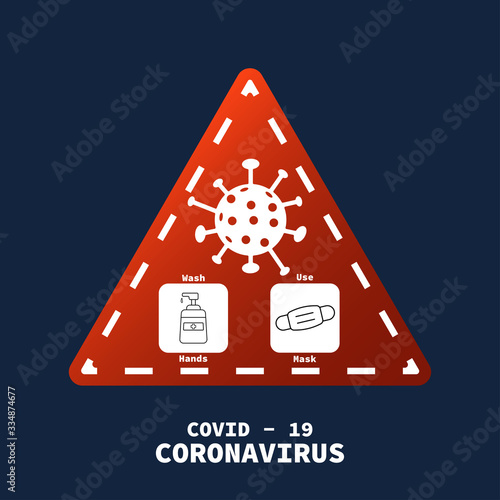 Prevention of COVID-19 all in one icon poster vector illustration. Coronavirus protection flyer with outline icon set and road warning sign. Use face mask, Wash hand