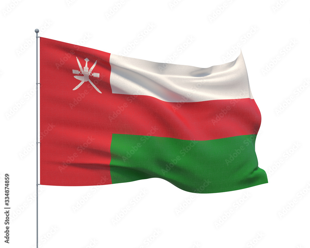 Waving flags of the world - flag of Oman. Isolated on WHITE background 3D illustration. Waving flags of the world - flag of Oman. Isolated on WHITE background 3D illustration.