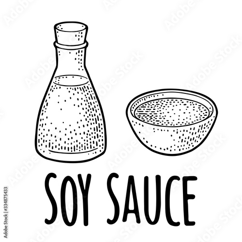 Soy sauce in a bottle and bowl. . Vector black vintage engraving illustration