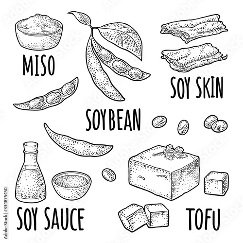 Soy food set. Miso, tofu skin, soybean, sauce