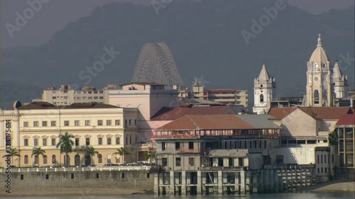 Aerial view of the old town of Panama City, Plaza de Francia, the old church and the national theater with the bridge of the Americas in the background