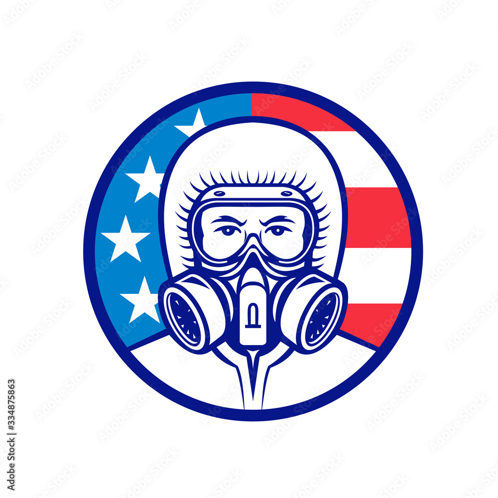 Mascot icon illustration of head of an American industrial worker, medical professional, essential or wearing a respiratory protective equipment, RPE viewed from front with USA flag in background. Mascot icon illustration of head of an American industrial worker, medical professional, essential or wearing a respiratory protective equipment, RPE viewed from front with USA flag in background.